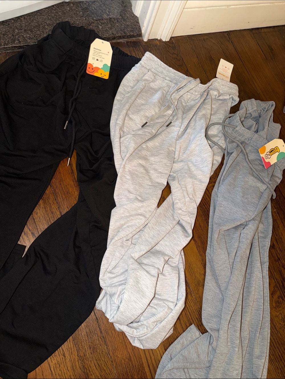 Kids Elastic Waist Drawstring sweatpants 3 pk, NWT Black, dark grey & Lt Gray